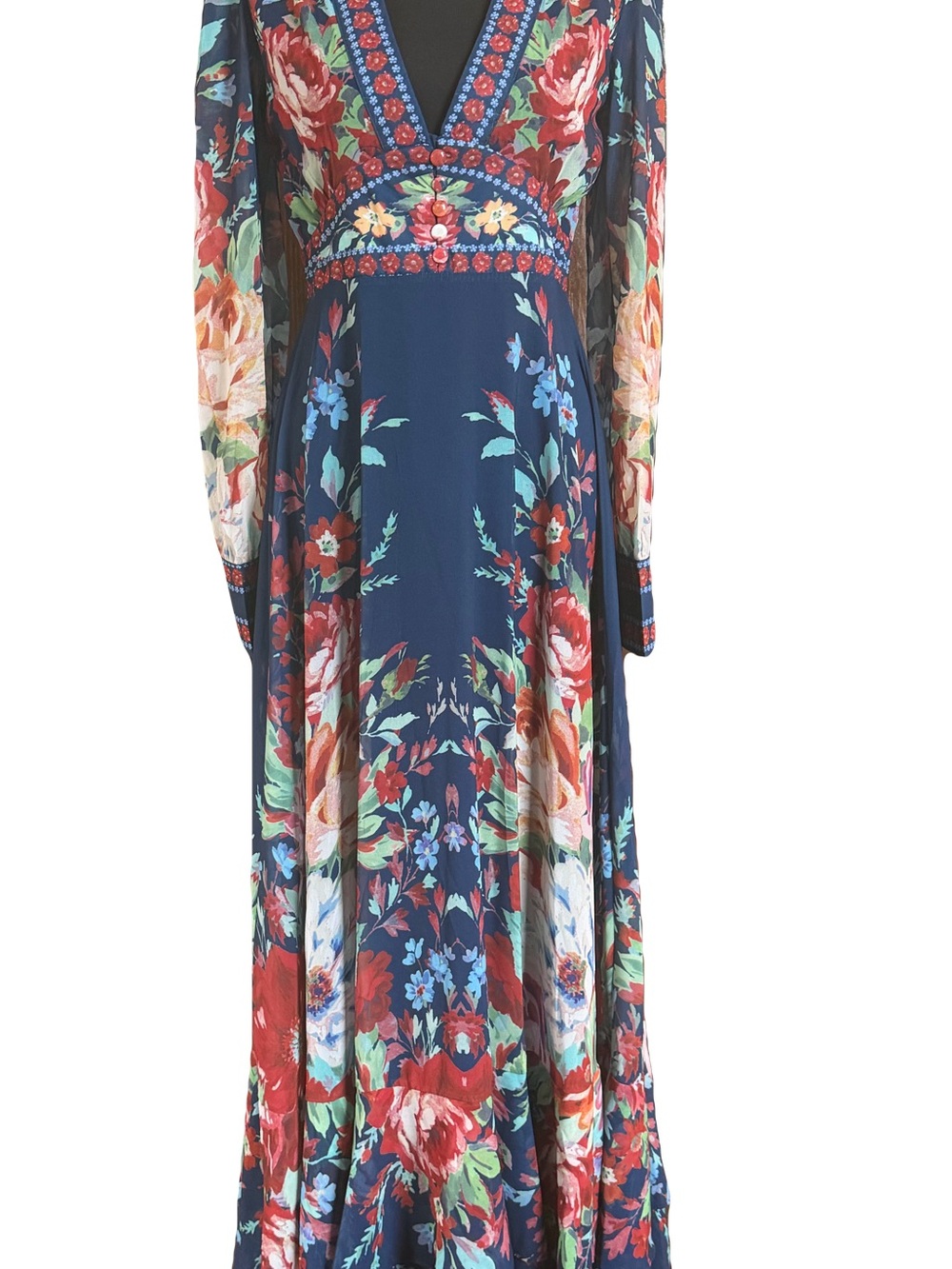 Dalia Navy Floral V-Neck Maxi Dress with Red & Green Accents